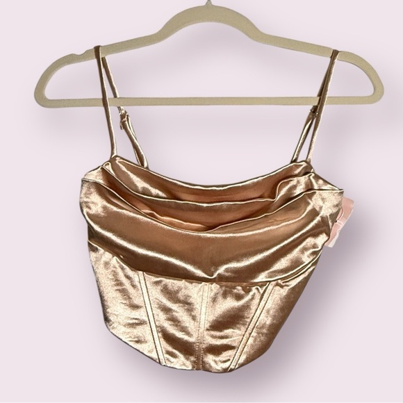 Lovesome Tops - Lovesome Champagne Satin Spaghetti Strap Bustier Cowl Crop Top Size Small
